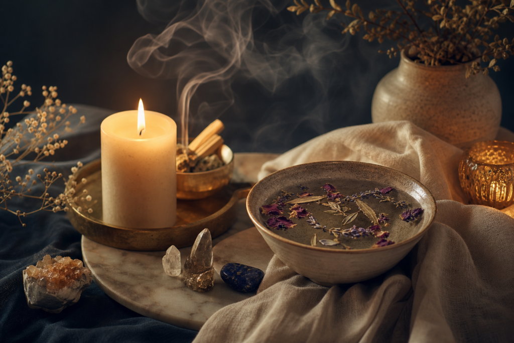 Cuenco con hierbas, vela y humo para ritual suave de calma