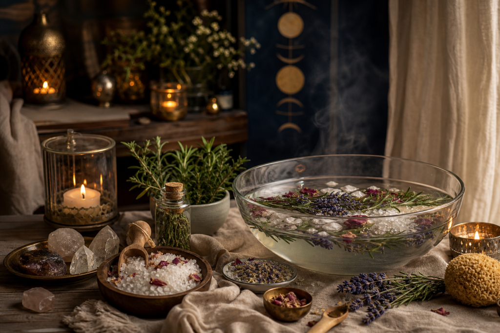 Baño energético con hierbas, flores y vela