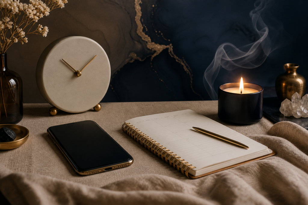 Agenda, vela y teléfono para preparar una consulta espiritual