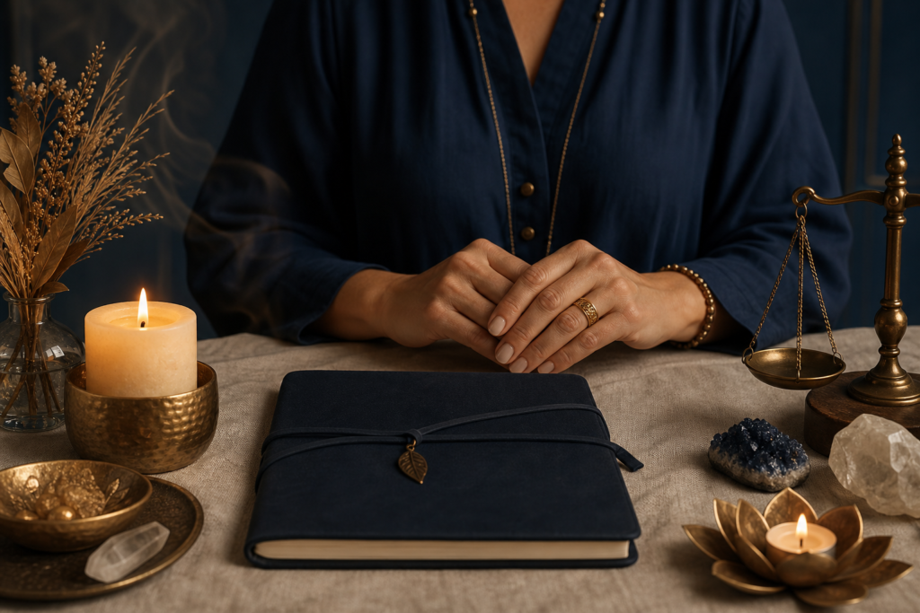 Vela, manos y libreta como símbolo de orientación espiritual responsable
