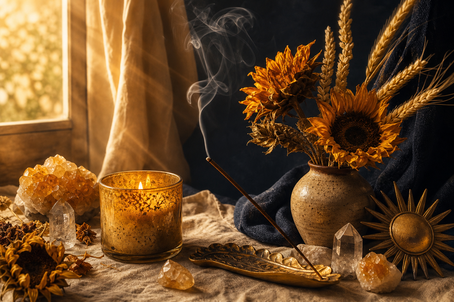 Sol de verano, vela dorada y humo suave en ritual de solsticio